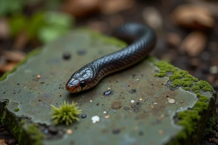Gros plan sur une crotte de couleuvre sur une pierre de jardin, identification des fientes de serpent non venimeux au jardin