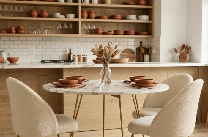 Coin repas contemporain avec table en marbre, chaises bouclé crème et étagères en bois naturel dans une cuisine moderne