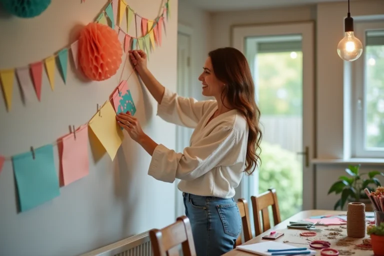 Femme décorant sa salle à manger avec des guirlandes DIY pour préparer une fête à domicile économique
