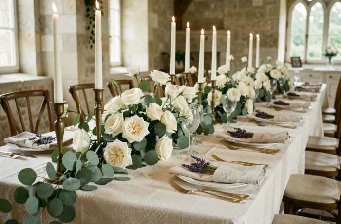 Décoration de table de mariage élégante avec roses blanches, bougies en laiton et nappe en lin dans un château en pierre