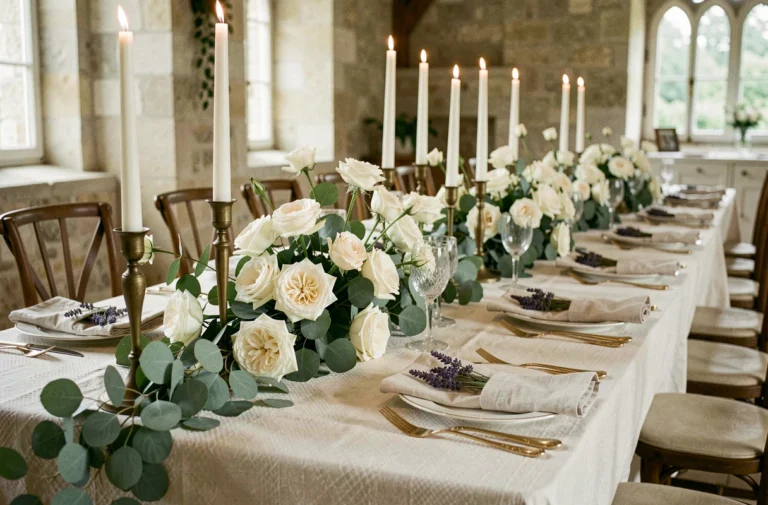Décoration de table de mariage élégante avec roses blanches, bougies en laiton et nappe en lin dans un château en pierre