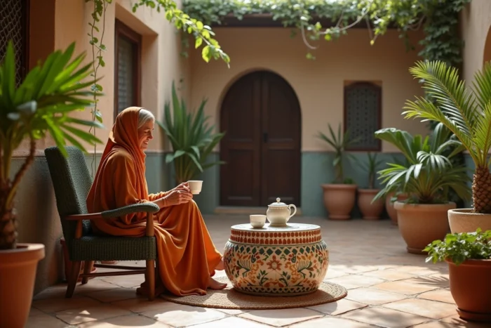 Femme se relaxant dans le jardin d'une maison de location à Essaouira, savourant un thé à la menthe dans une cour traditionnelle marocaine