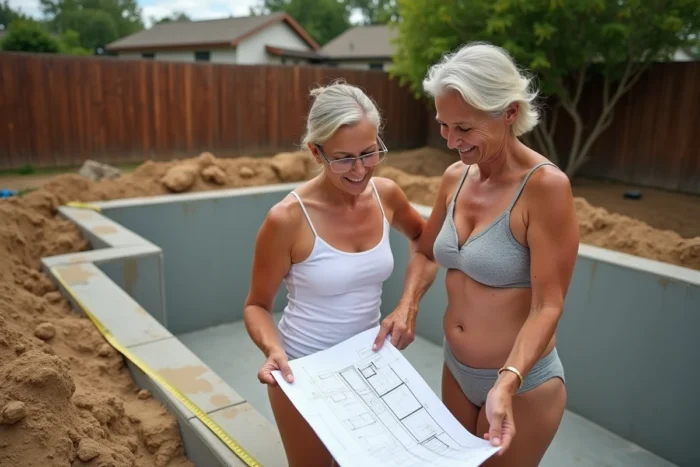 Couple examinant les plans et les dimensions d'une piscine en cours de construction pour nager des longueurs confortablement à domicile