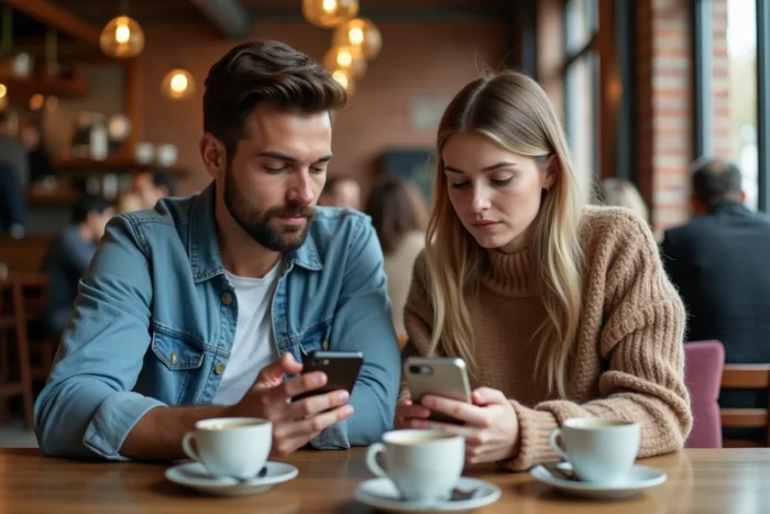 Deux personnes dans un café consultant les paramètres de sécurité d'un compte Instagram pour se protéger contre le piratage