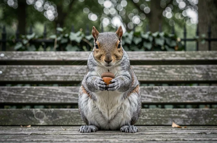 Écureuil gris assis sur un banc de parc urbain tenant un gland, évoquant une rencontre inattendue porteuse de signification ésotérique