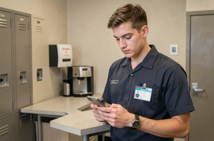 Employé étudiant Auchan consultant son contrat de travail sur smartphone dans la salle de pause