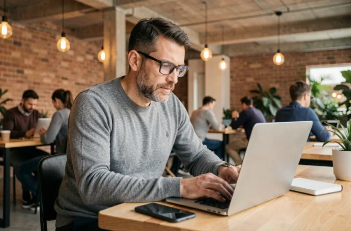 Entrepreneur en télétravail concentré sur son ordinateur portable dans un espace de co-working tendance