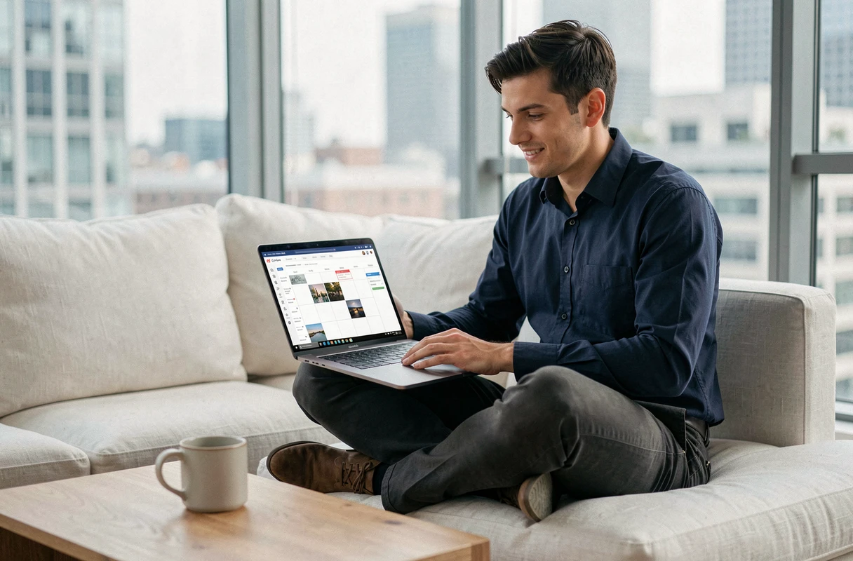 Entrepreneur gérant son calendrier de contenu web sur ordinateur portable depuis son appartement moderne