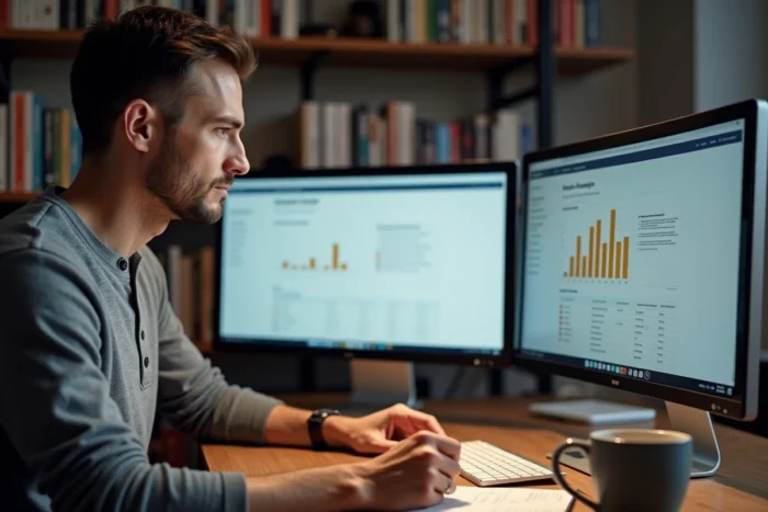 Entrepreneur travaillant sur une stratégie de référencement SEO et d'analyse web depuis son bureau à domicile