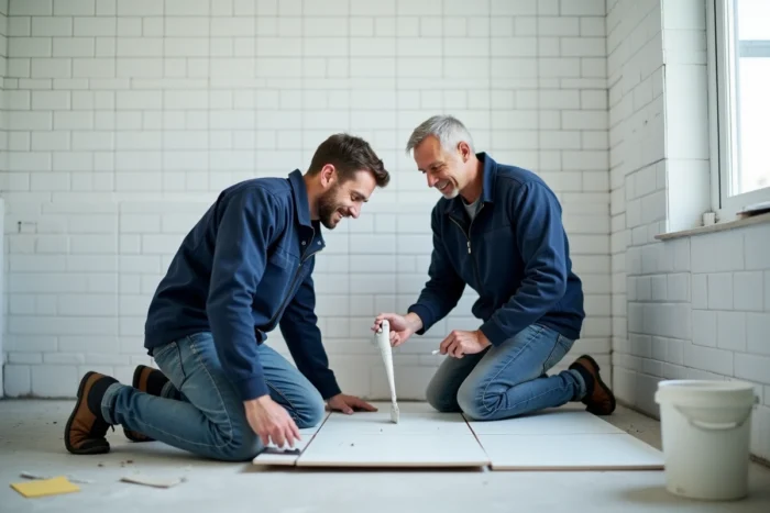 Deux artisans professionnels collaborant sur la pose de carrelage lors d'une rénovation de salle de bain