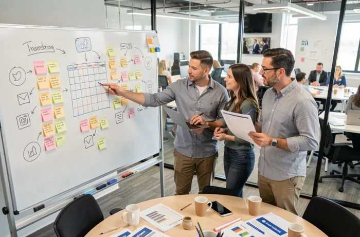 Équipe marketing en réunion brainstorming pour optimiser la stratégie de community management d'une marque