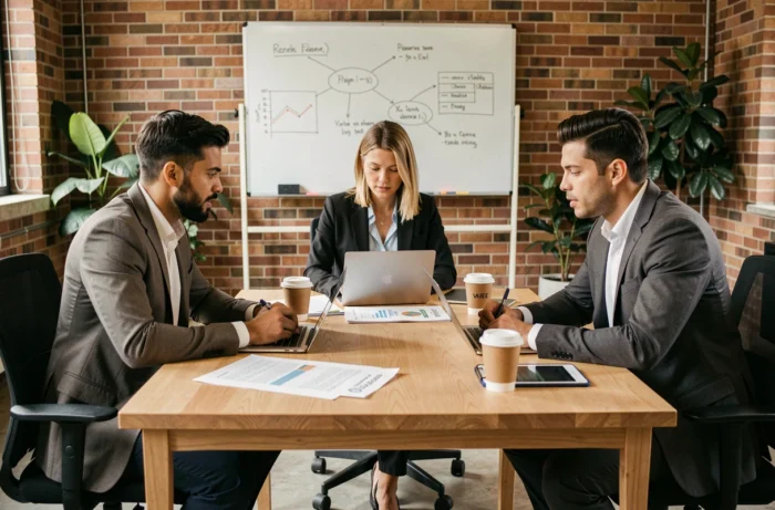 Équipe de professionnels en réunion stratégique autour d'une table dans une startup moderne