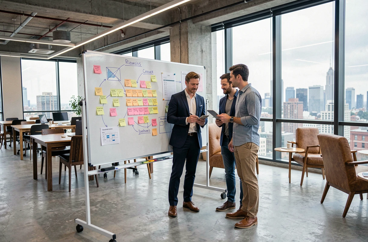 Équipe de professionnels collaborant sur une stratégie de présence en ligne dans un espace de coworking