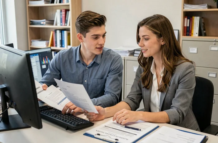 Deux étudiants consultant leurs documents de contrat étudiant sur le portail hr4you dans un bureau RH Auchan