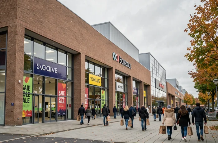 Façade extérieure d'un centre de magasins d'usine à Bordeaux avec des enseignes de marques et des clients