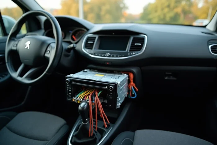 Faisceau de câbles colorés visible derrière un autoradio Peugeot partiellement sorti du tableau de bord