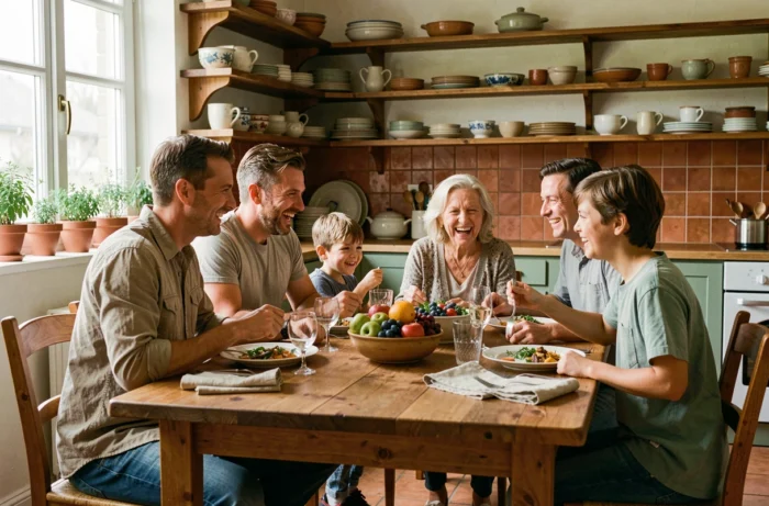 Famille multigénérationnelle réunie autour d'un repas dominical dans une cuisine chaleureuse en carrelage terracotta