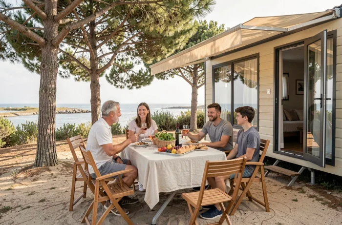 Famille profitant d'un repas en plein air sur leur parcelle avec mobil-home près de la côte atlantique