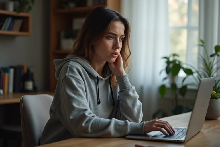 Jeune femme inquiète regardant une alerte de sécurité de connexion sur son ordinateur portable, illustrant le piratage de compte Instagram
