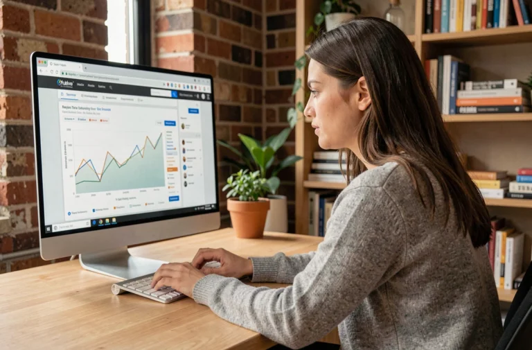 Femme professionnelle analysant les tendances web 2024 sur un écran d'ordinateur dans un bureau moderne