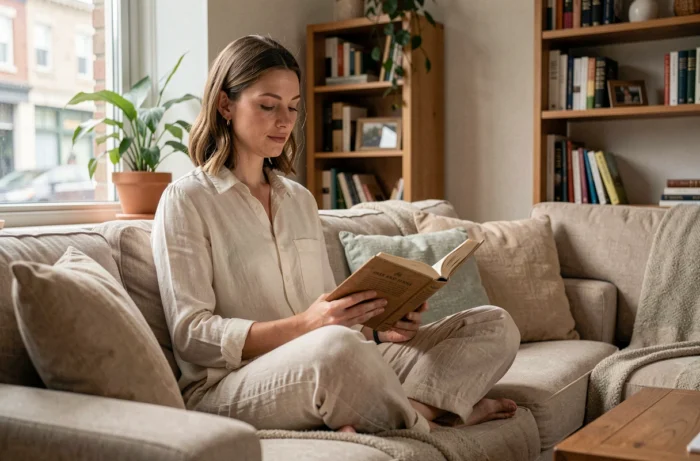 Femme célibataire lisant un livre religieux dans son appartement calme et bien rangé