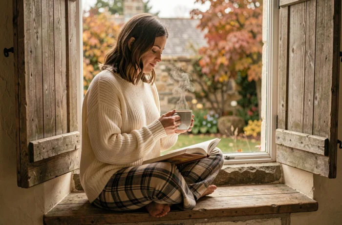 Femme en pull en laine lisant un livre près d'une fenêtre en cottage rustique, ambiance cocooning et lecture