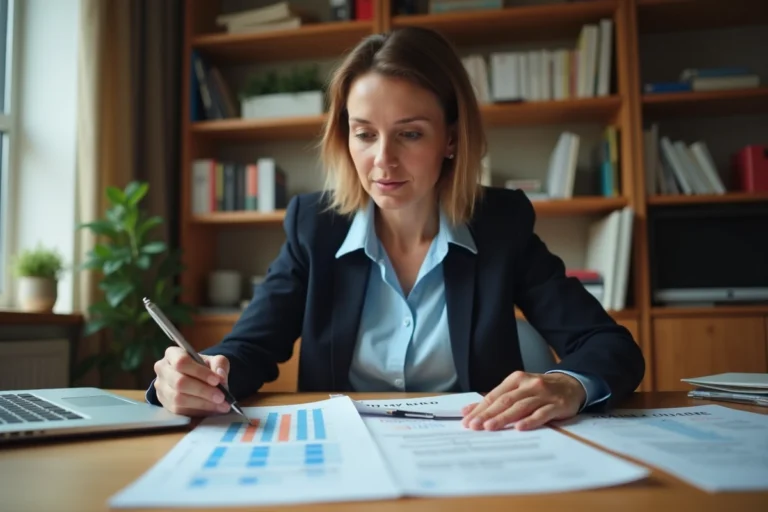 Femme comparant les taux d'intérêt des banques sur des documents imprimés dans un bureau à domicile moderne