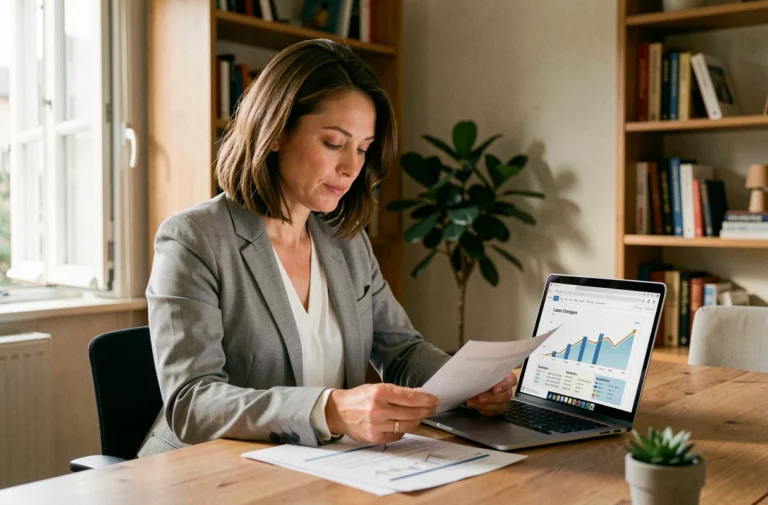 Femme consultant des documents de comparaison de crédits sur un bureau en bois dans un bureau à domicile moderne