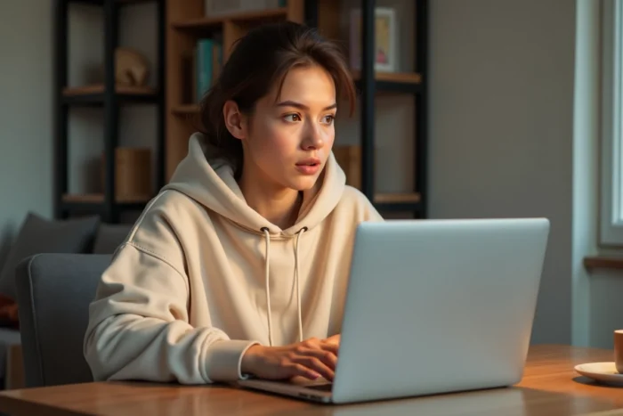 Jeune femme surprise devant son ordinateur portable découvrant un phénomène viral sur les réseaux sociaux
