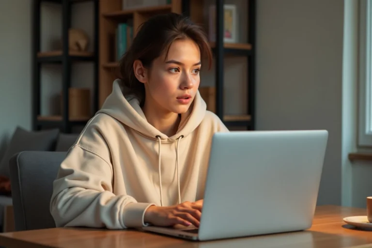 Jeune femme surprise devant son ordinateur portable découvrant un phénomène viral sur les réseaux sociaux