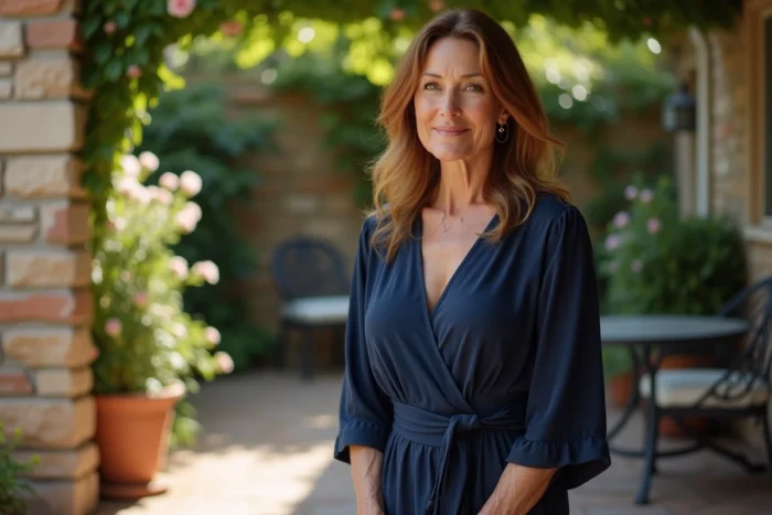 Femme élégante en robe marine debout sur une terrasse de jardin californien avec des rosiers et un mur en pierre