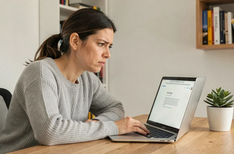 Femme frustrée devant un ordinateur portable affichant une erreur de messagerie webmail à son bureau à domicile