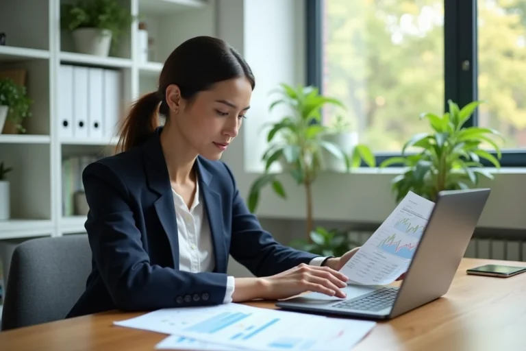 Femme consultant des graphiques d'ETF ESG sur un ordinateur portable dans un bureau moderne à domicile