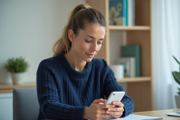 Femme lisant des avis en ligne sur son smartphone sur des produits contre la chute de cheveux dans un espace bien-être minimaliste