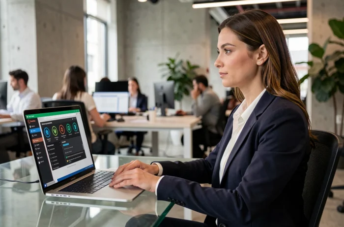 Femme professionnelle utilisant un logiciel de sécurité et d'optimisation PC sur laptop dans un bureau ouvert