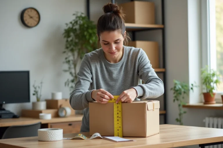 Femme mesurant un carton d'emballage avec un mètre ruban sur un bureau en bois pour préparer un envoi postal