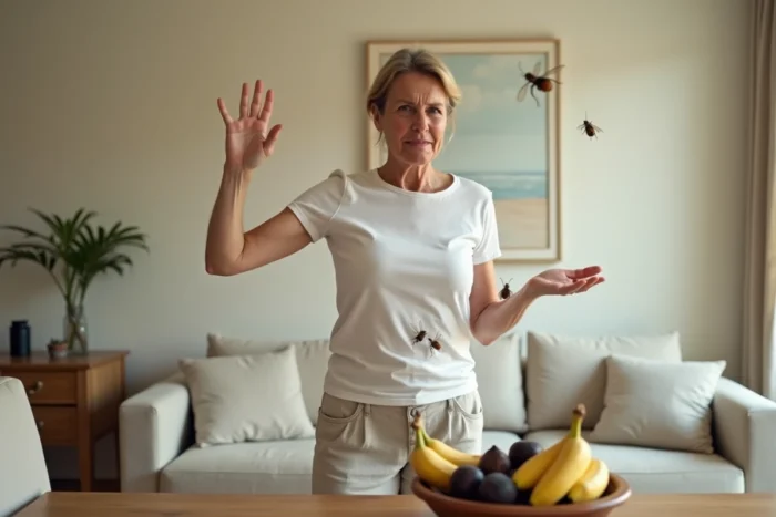 Femme exaspérée chassant des mouches attirées par un bol de fruits trop mûrs dans un salon moderne