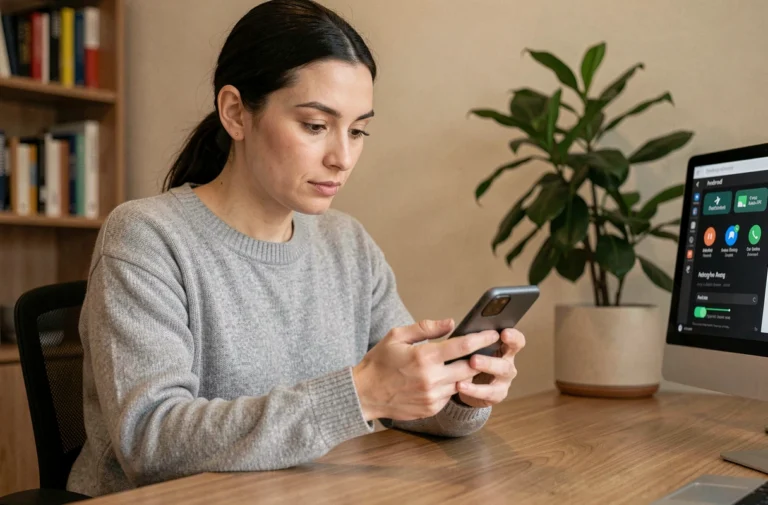 Femme consultant les paramètres de son smartphone Android, notamment le mode avion et ne pas déranger