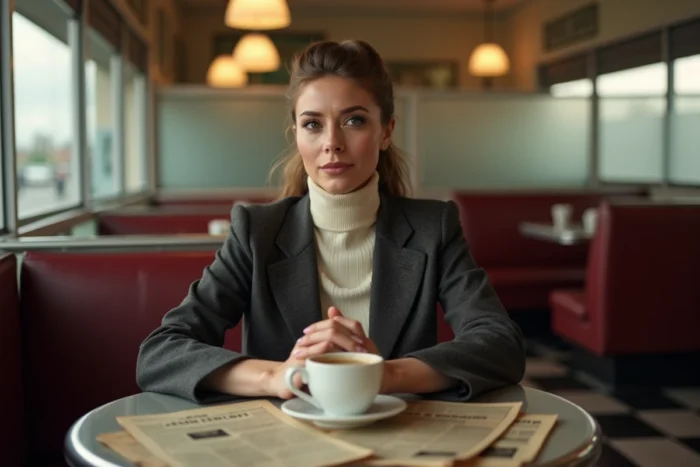 Femme pensive en blazer charcoal assise dans un diner américain vintage avec des coupures de journaux anciens sur la table