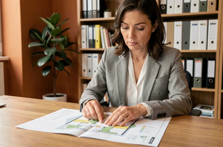 Femme consultant un plan de site immobilier sur un bureau en bois dans un bureau à domicile moderne
