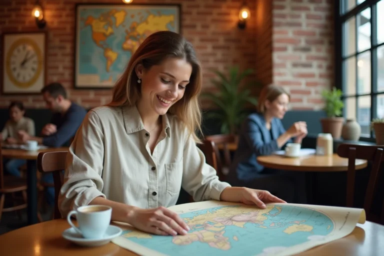 Jeune femme planifiant un voyage autour du monde avec une carte et un carnet dans un café vintage