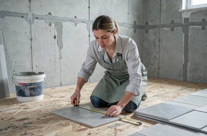 Femme mesurant des carreaux de céramique lors de la rénovation d'une salle de bain