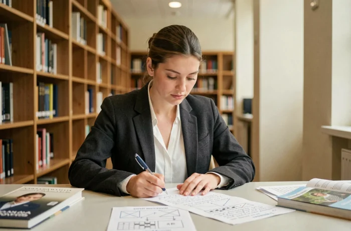 Femme se préparant à un test de logique dans une bibliothèque, révisant des fiches d'exercices pour un recrutement