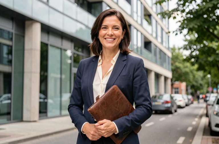 Femme professionnelle de l'immobilier devant un immeuble moderne, tenant un portfolio, souriant avec confiance