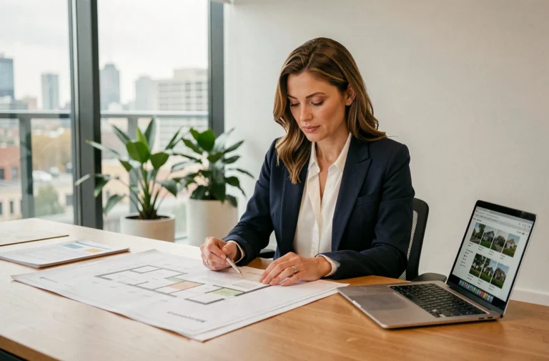 Femme professionnelle de l'immobilier analysant des plans et documents financiers dans un bureau moderne avec vue sur la ville
