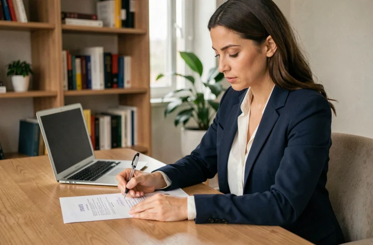 Femme professionnelle en blazer marine révisant son CV à son bureau avec des annotations manuscrites