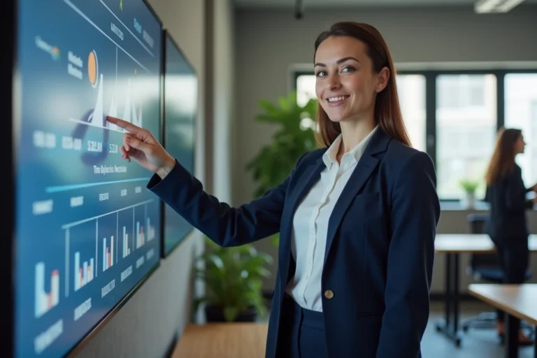 Femme professionnelle analysant des tableaux de bord de webmarketing et métriques digitales dans un bureau moderne