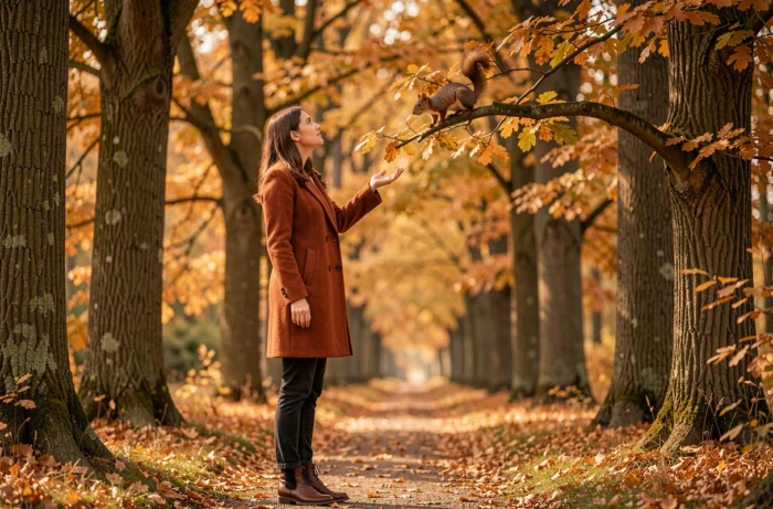Femme contemplant un écureuil sur une branche en forêt automnale, illustrant une rencontre spirituelle et ésotérique avec cet animal