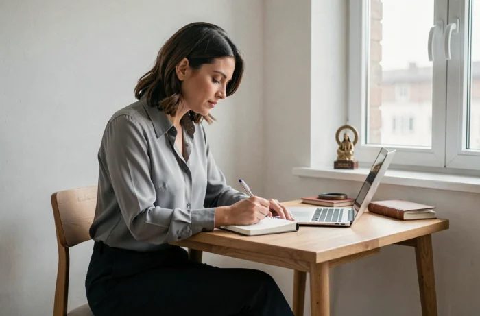 Femme célibataire écrivant dans son journal intime dans un appartement minimaliste et apaisant