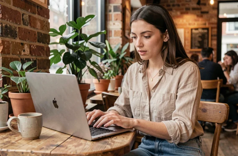 Jeune femme consultant des alternatives à Shein sur son ordinateur portable dans un café tendance